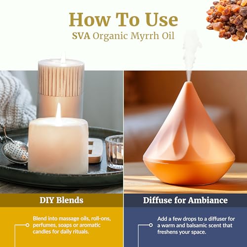 Image of SVA Organic Myrrh Essential Oil in Glass Bottle, 1 /3 Fl Oz (10 ml) | Organic Myrrh Oil for Skin Care, Face Care, Perfume Blends, Incense, Diffuser, Soap Making, Blending & DIY Beauty Projects