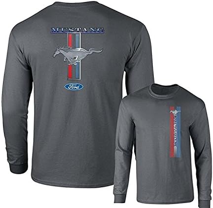 Ford Mustang Pony Racing Stripe 5.0 Muscle Shelby Long Sleeve T-Shirt Front Back Print, Charcoal, XL