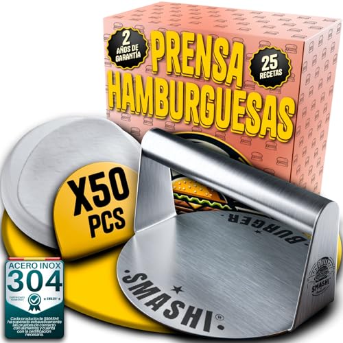 SMASHI® Smasher para Smash Burger en Acero Inoxidable 304 | Prensa de Hamburguesas + 50 Papeles Antiadherentes | Herramienta Profesional para Aplastar Hamburguesas Estilo Smash