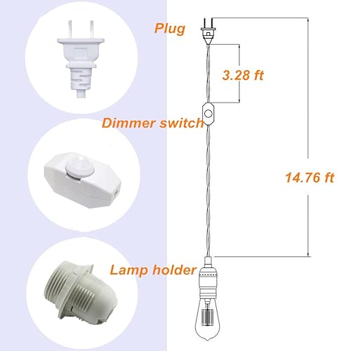 Miniatura 4 de Kit de luz colgante con interruptor de atenuación de 15 pies, juego de cable de lámpara colgante con enchufe Edison para lámparas E26 E27 DIY Swag