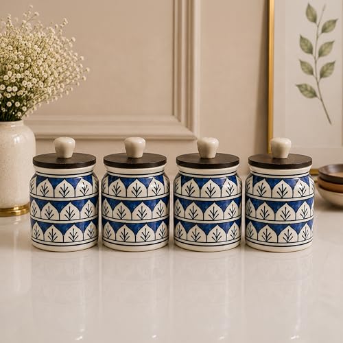 Image of Ceramic Kitchen Jars for Storage | Air Tight Containers with Wooden Lids | Masala, Salt, Pickle, Dry Fruits & Multi Utility Item Organiser Set (Hand-Painted, Blue Mughal, 450 ML, Pack of 4)