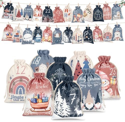 Beifon 2026 Adventskalender zum Befüllen Groß 21 x 15 cm, 24 Stüke | Adventskalender Säckchen Tüten Selber Befüllen, DIY Weihnachtskalender Beutel Stoff, Stoffsäckchen Weihnachtsde