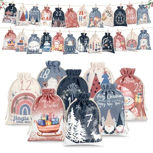 Beifon 2025 Adventskalender zum Befüllen Groß 21 x 15 cm, 24 Adventskalender Säckchen Tüten Selber Befüllen, DIY Weihnachtskalender Beutel Stoff, Stoffsäckchen Weihnachtsdeko für Kinder Frauen Mädchen