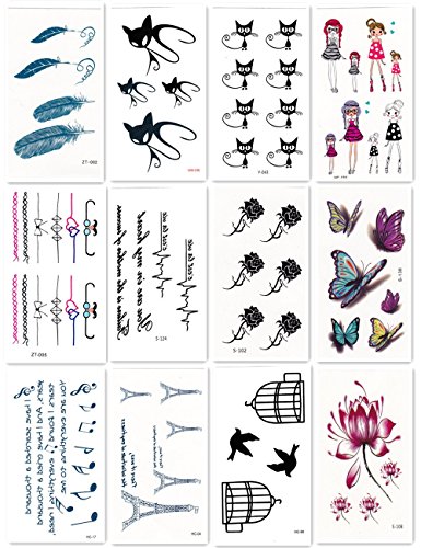 Dalin 12 Packs of Fashion Temporary Tattoos, Feather, Cat, Elephant, Effiel Tower, Birds