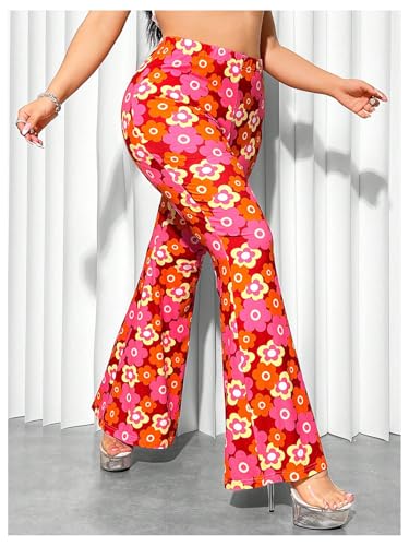 OYOANGLE Women's Plus Size Boho Floral Print Flare Pants Elastic High Waist Skinny Bell Bottoms3