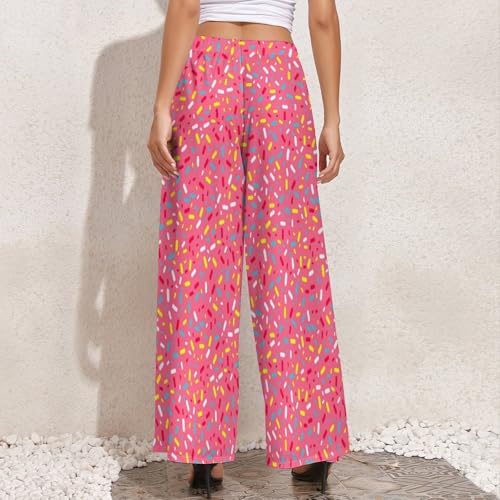 Palazzo Pants for Women, Comfy Womens Wide Leg Baggy Pants, Colorful Sprinkles Donuts Casual Lounge Pants4