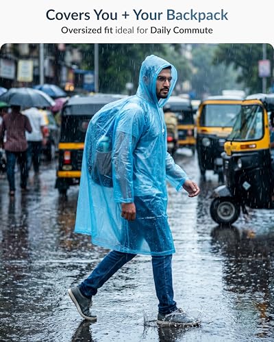 Image of Destinio Poncho for Men, Poncho for Women-Thick Waterproof PVC, Rain Coat, Reusable - Transparent Pocket Raincoat with Hood, Full Cover for Bag in Travel, Trekking, Bike Riders