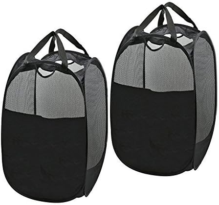 Foldable Mesh Pop-Up Laundry Hamper with Side Pocket,Laundry Basket Bag with Reinforced Carry Handles (Pack of 2--Black)