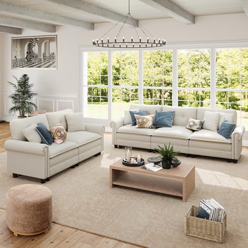 Image of SUNSHINE VALLEY 2-Piece 5-Seater Cloud Modular Sofa Set with Extra Deep & Wider Cushions, Oversized Mid-Century Modern Couch Set with Loveseat and Throw Pillows for Living Room, Linen Beige