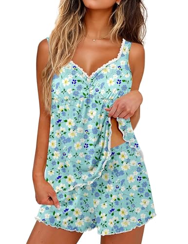 Image of Ekouaer Womens Pajama Sets 2 Piece Cute Pj Set Lace V Neck Tank Top and Shorts Sleepwear Soft Sexy Lingerie Bridal Nightwear
