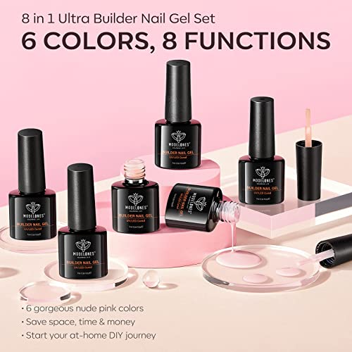 Modelones Builder Nail Gel Set, 6 Colors Gel Builder 8-In-1, Jelly Nude Pink Hard Gel Builder Nail Strengthener Extension Gel Color Base Gel Rhinestone Nail Tips Glue Gel In A Bottle, Gifts For Women #TOP7
