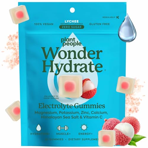 Plant People WonderHydrate Sugar Free Electrolyte Gummies - Vegan Hydration Chews with Magnesium Potassium Zinc Vitamin C & Himalayan Sea Salt - Zero Sugar Lychee (42 Count)