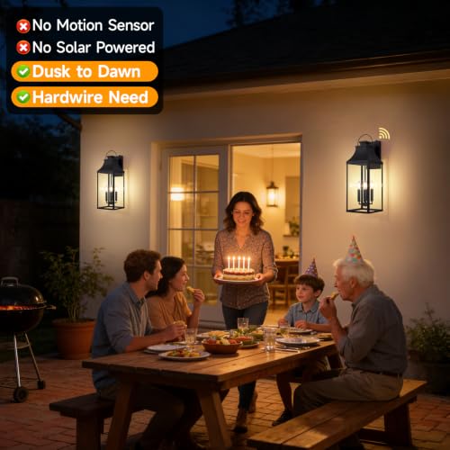 Image of 25'' Dusk Dawn Outdoor Wall Light, Large Black Exterior Porch Light Fixture | Auto On-Off, 4-E12 Base, Modern Exterior Sconce Wall Lighting Waterproof, Sensor Outside Lights for House Garage Door, 1 Pack
