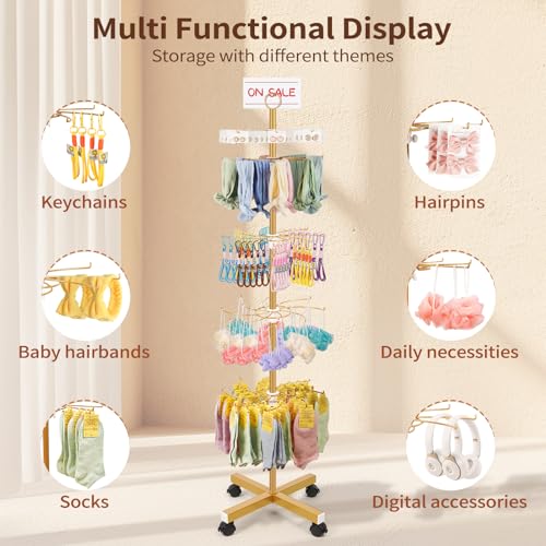 Image of Flenpptly Retail Display Stand, 5-Tier Rotating Display Rack for Store Display, Movable and Adjustable Spinning Display Stand for Earrings, Jewelry, Keychains, Socks Display (Gold)