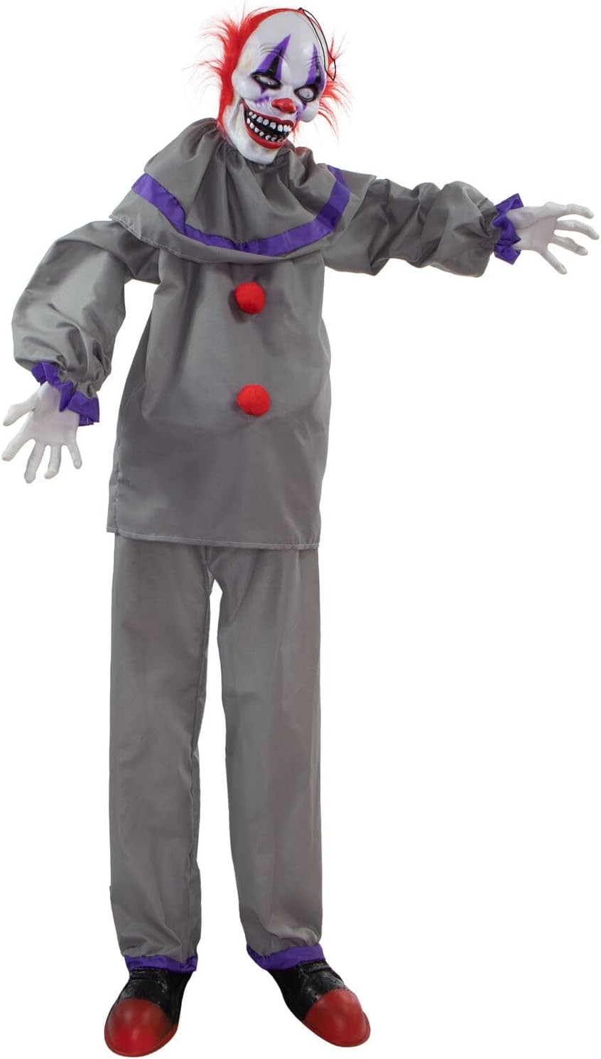Haunted Hill Farm Life-Size Animatronic Scary Talking Clown with Touch Activated Lights and Sound, Battery-Operated Indoor or Covered Outdoor Halloween Decoration 5FT Standing Animated Clown