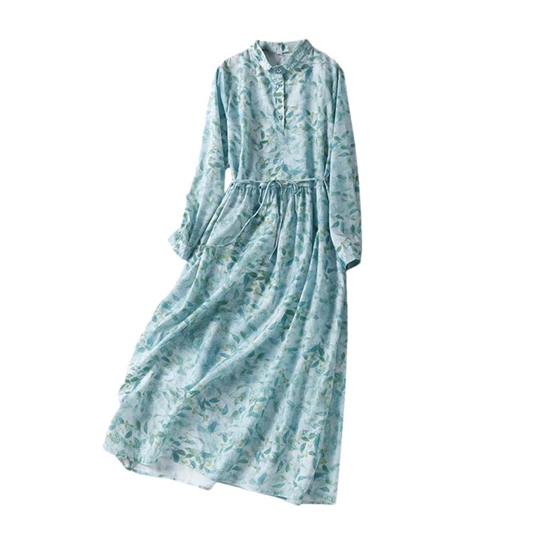 Vestido camisero estampado floral para mujer, manga larga, solapa, casual, acampanado, vestido midi