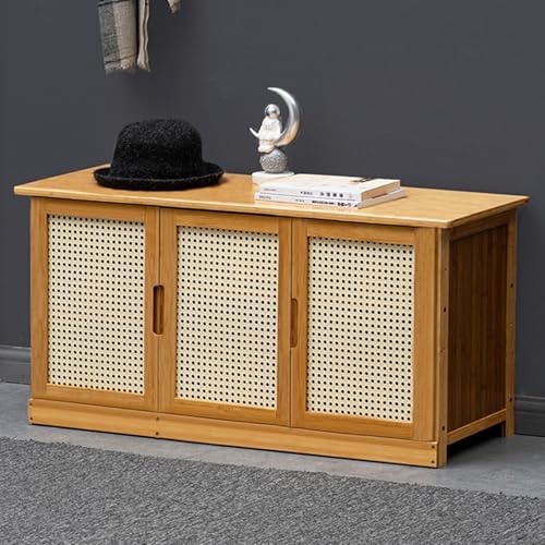 Banc à chaussures d'entrée en bambou naturel avec meuble de rangement à portes