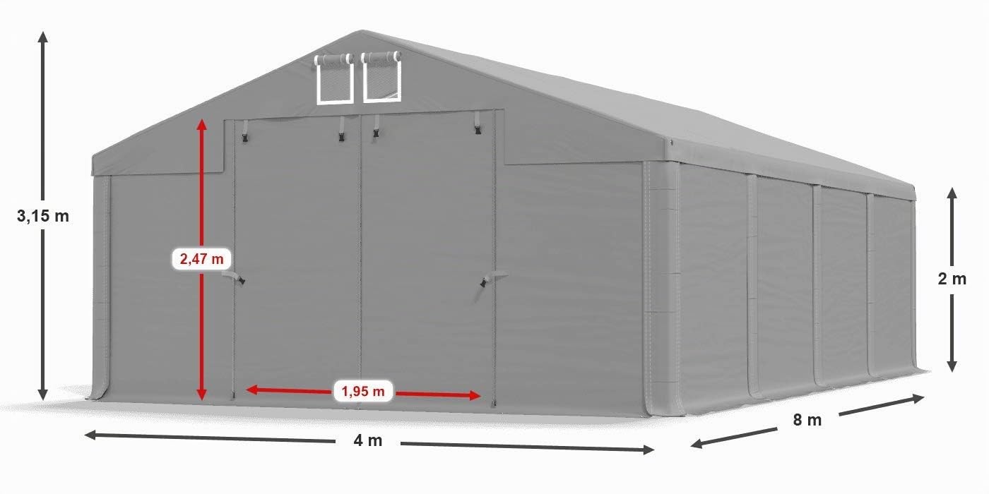 Lagerzelt 4x8m wasserdicht mit Bodenrahmen und Dachverstärkung grau Zelt 560g/m² PVC Plane hochwertig Zelthalle Summer Plus SD - Faltpavillon - Gartenpavillon - Pavillon
