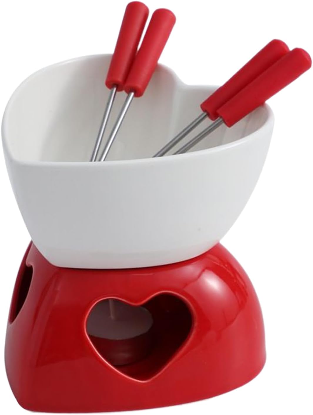 Mini Fondue Pot - Heart-Shaped Ceramic Cup with Tealight and Forks, Chocolate and Dessert Melting Feature, for Cheese Butter Caramel Candy Sweet Treats Holiday Party Home Travel Office, Kitchenware