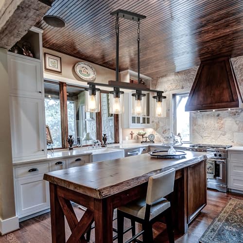 Wood Kitchen Island Lighting,4-Light Farmhouse Dining Room Light Fixture Matte Black Modern Chandeliers for Dining Room Over Table Hanging Pendant Light with Glass Shade for Bar Restaurant
