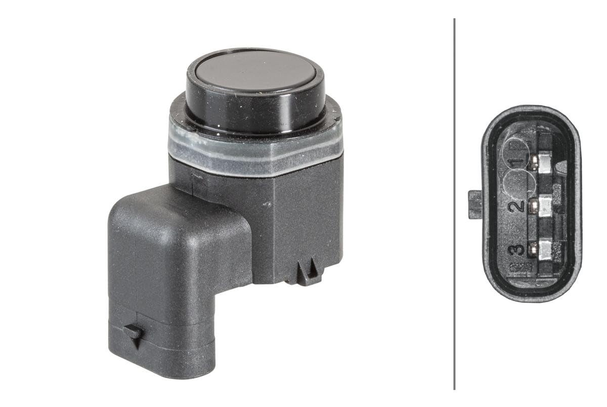 HELLA 6PX 358 141-081 Sensor, auxiliar de aparcamiento - en forma de ángulo - 3polos - enchufado - barnizable - con anillod e sujeción