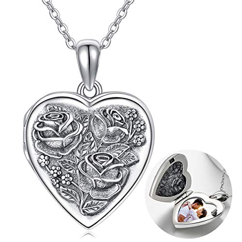 925 Sterling Silver Locket Necklace That Holds Pictures Photo Necklace Oxidized Rose Flower Heart Pendnat Lockets Gifts for Women Birthday Christmas Gifts