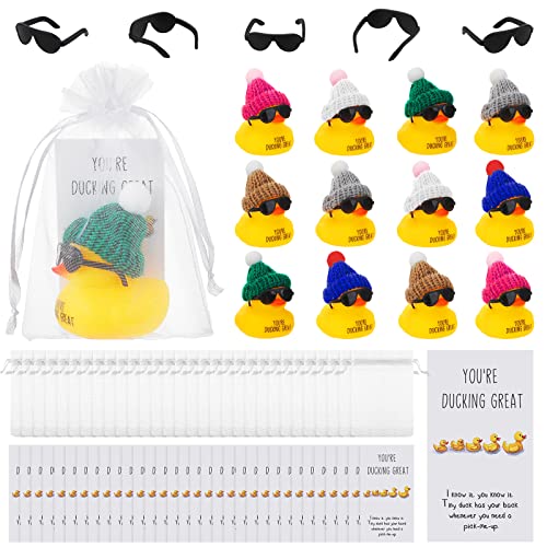 Deekin 30 Sets Thank You Gift Set You're Ducking Great Cheer up Cards Mini Rubber Ducks with Glasses and Hats with Card Organza Bags Bulk Toy for Cruises Kids Students Coworkers Exchange(Hat)