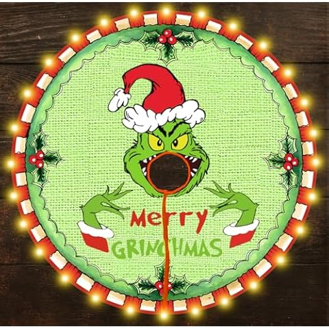 Christmas Tree Skirt with LED Lights, 48 Inch Green Monster Red White Stripes Xmas Tree Collar, Funny Christmas Tree Mat for Holiday Party Indoor Outdoor Christmas Tree Decoration Cover