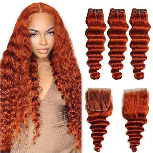 350 Ginger Brown Human Hair Bundles Loose Deep Wave 3 Bundle Human Hair with Closure-18 20 22+18inch 10A Unprocessed Raw Brazilian Virgin Hair Loose Wave Quick Weave Bundles with hd Lace Closure