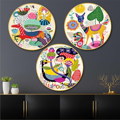 Image of Livin'luxe Set of 3 Round Cartoon Animal Wall Art | Premium Sparkle with Golden Frame Decorative Panels | Colorful Kids Room Wall Hanging| Nursery Jungle Theme Wall Decor for Home & Play School 16 In