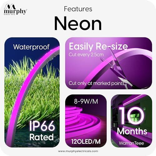 Image of Murphy Neon Rope Light 5 Meter | 2835 SMD 120LED /M | Waterproof Cuttable Flexible LED Rope Light with Connector & Adapter | Pink | for Indoor Outdoor Decoration & Signage | 10-Month Warranty