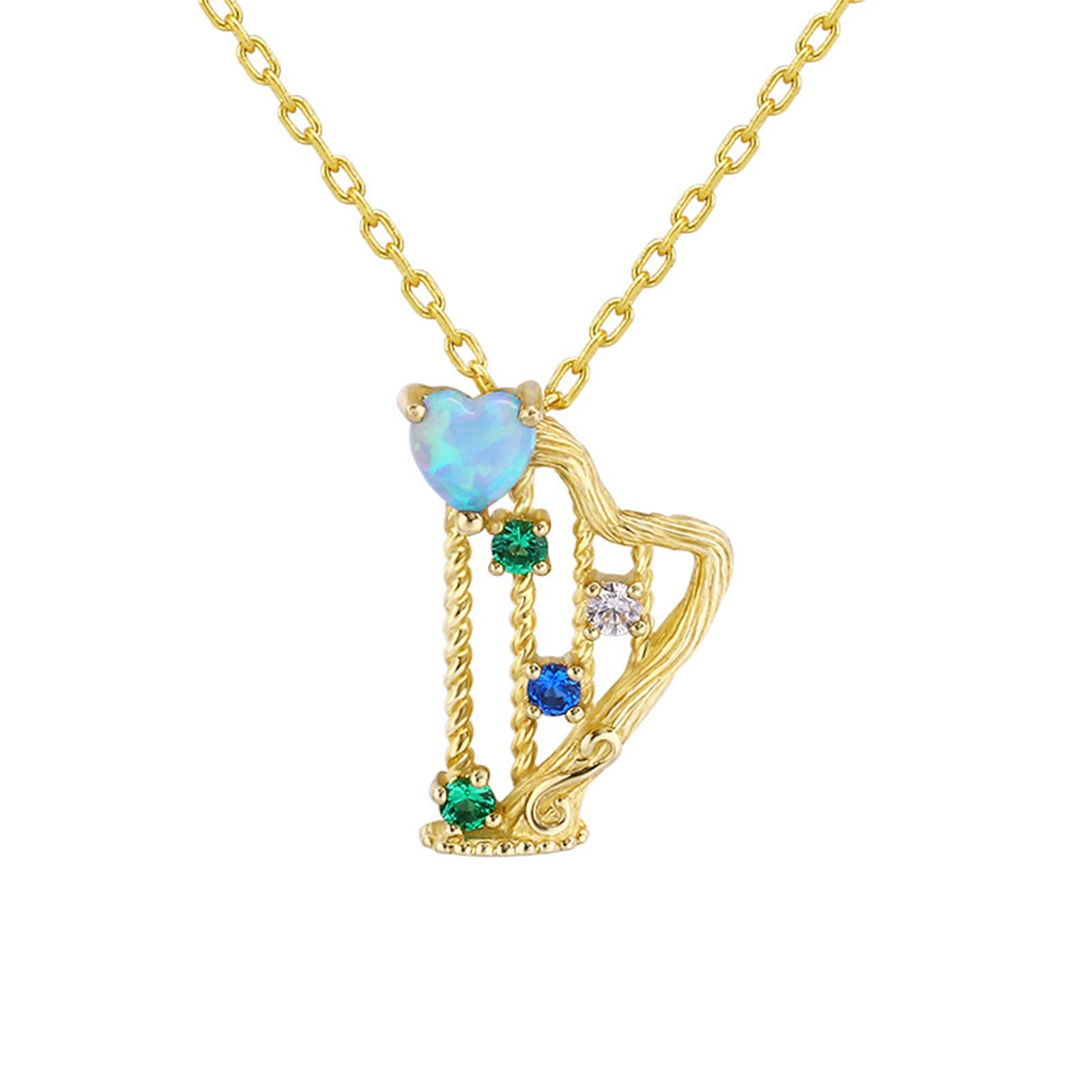 Epinki Echtgold Schmuck Halskette 18K Gold, Harfe Anhänger mit Labor Erstellt Opal (Blau, Herzschliff) Au 750 Kette Damen Zart Zirkonia für Frauen, Gold, 45cm