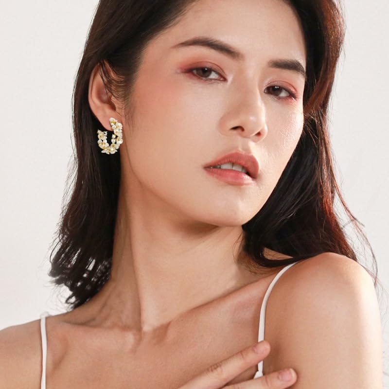 Crystal Flower Pearl C Shape Hoop Earrings for Women Statement Rhinestone Floral Clover Open Stud Earrings Wedding Birthday Jewelry - Image 2