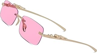 Rewill Retro Rimless Rectangle Metal Sunglasses for Men Women, UV Protection Coating Mc Stan Trendy Gold Frameless Square ...