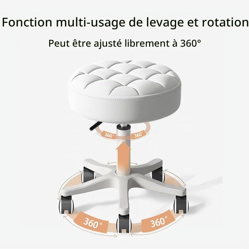 Tabouret Rond à Roulettes en Cuir Synthétique - Tabouret Pivotant Hauteur Réglable pour Table à Dessin, Spa, Salon