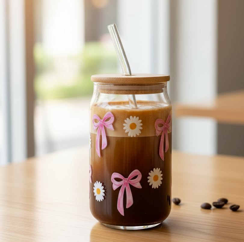 Image of THE UMBRELLA STORE Glass Tumbler Bamboo Lid and Straw, Coffee Tumbler, Reusable Glass (Bows and Daisies)