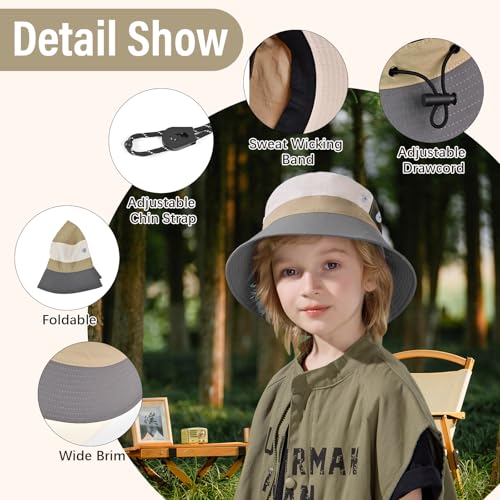 Image of Outdoor Kids Sun Hat Quick Dry Bucket Hat Multiple Color Patchwork for Boys Girls 8-15 Years UPF 50+ Summer Beach Hats