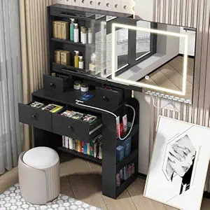 BJYXO Vanity Desk with Lighted Mirror and Drawers, Sliding Makeup Vanity Mirror with 3-Color Adjustable Touch Light, Vanity Desk for Bedroom Lots Storage Makeup Desk