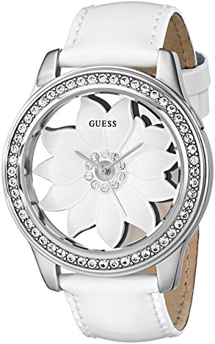 GUESS Women's U0534L1 White Floral Watch with Genuine Patent Leather Strap