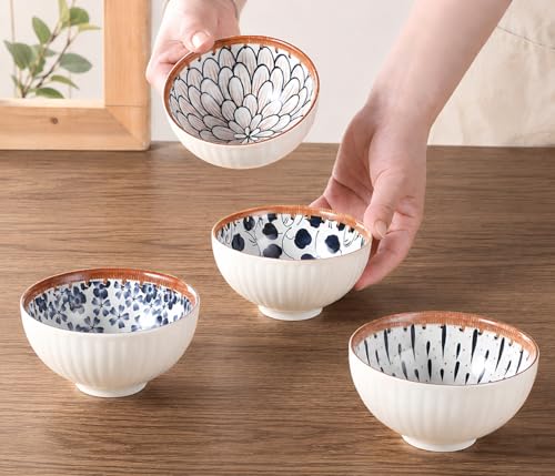 Image of yomith Ceramic Rice Bowls Set of 4, 300ml Japanese Bowls for Rice, Soup, Cereal, Dessert, Microwave & Dishwasher Safe, Blue Floral Series