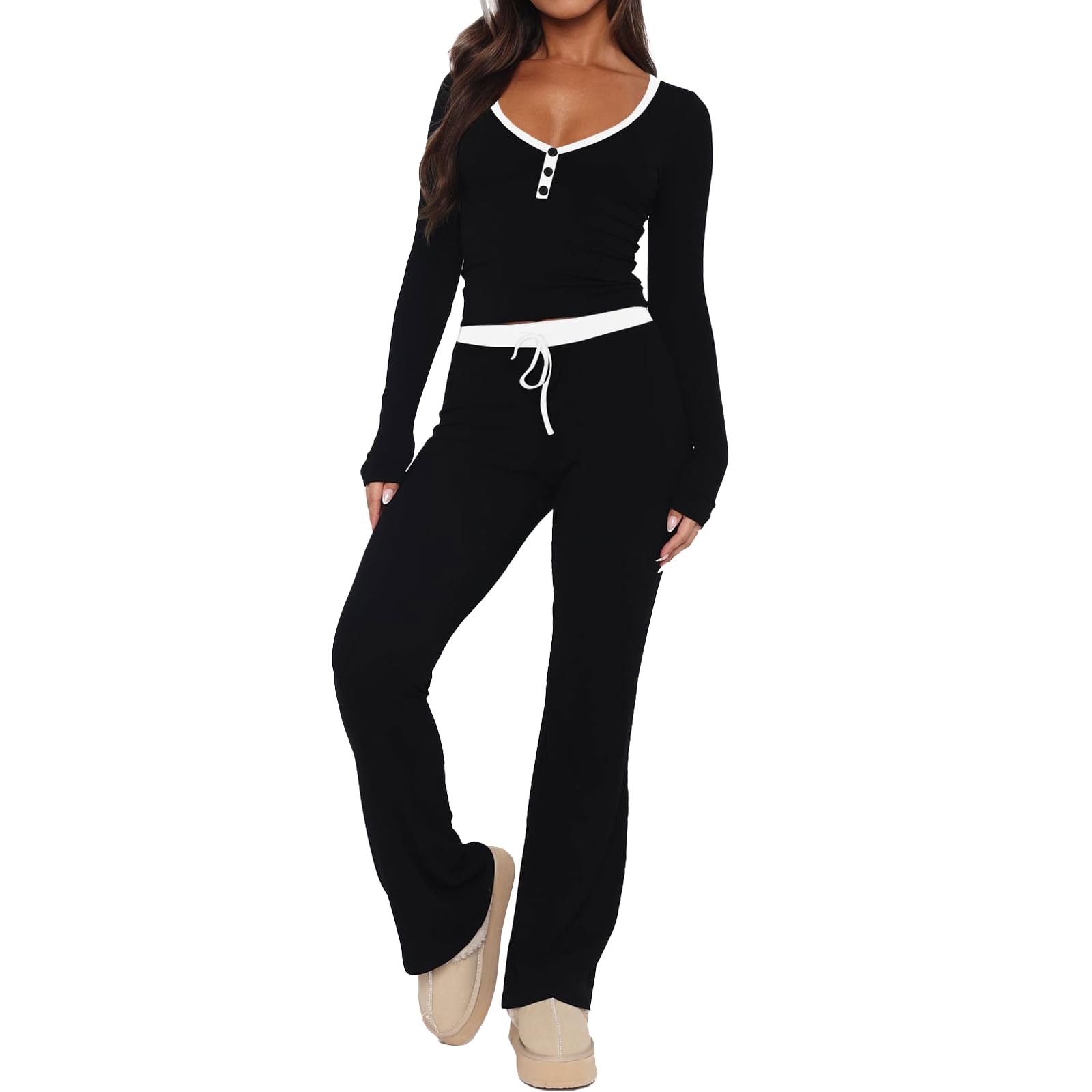 LACOZY Womens Long Sleeve Pajama Sets 2 Piece Cropped Top and Trousers Set V Neck Color Bl...