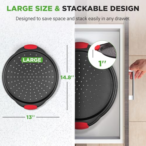 Image of NutriChef 2-Piece 13-Inch Nonstick Pizza Tray, Round Carbon Steel Non-Stick Pizza Pan with Perforated Holes, Premium Bakeware Pizza Screen with Silicone Grip Handles, Dishwasher Safe, NCBPIZX2