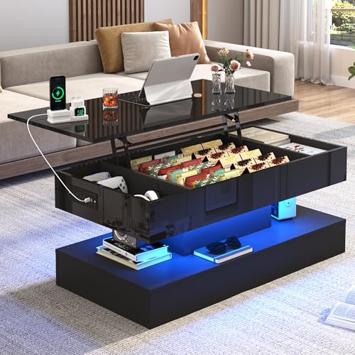 Image of 39.4 inch Large Lift Top Coffee Table,Modern High Glossy LED Coffee Tables for Living Room with Storage,Black Living Room Tables for Living Rooms,Dining Room,Bedroom Home Office,APP LED Lights（Black）