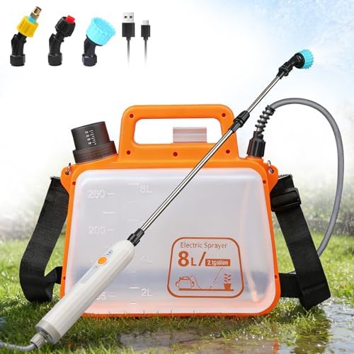 8 Liter Akku-Sprühgerät, Elektrisches Unkrautsprühgerät mit USB-wiederaufladbarem Griff und Teleskopsprührohr, 3 Düsen, auslaufsicher für Rasen, Garten, Farm (Orange)