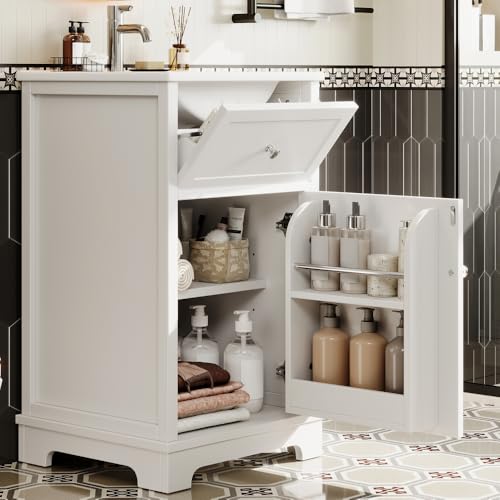 Hmluxury Lavabo completamente lacado con cajón extraíble, estantes ajustables, lavabo de cerámica y patas altas, color blanco