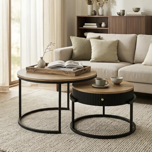 Soayone Table Basse Ronde avec Tiroir Lot de 2 Table Gigogne Bois Salon