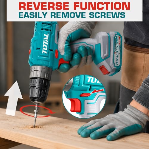 Image of TOTAL 12V Cordless Drill Machine, 25Nm, 2 x 1.5Ah Batteries, 10mm Chuck | 15+1 Torque Settings, 2-Speed Control Up to 1500RPM, Reverse Function, LED Work Light and Carrying Case Included