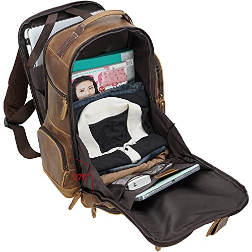 Masa Kawa Vintage Full Grain Leather 15.6" Laptop Backpack For Men Large Camping Travel Rucksack Weekender Daypack, Brown #TOP7