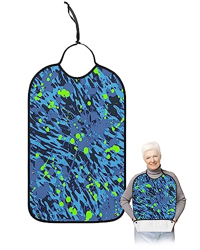 Kewadony Adult Bibs for Elderly Women - Blue Green Graffiti Waterproof Dining Clothing Protectors with Crumb Catcher for Eating/Feeding, Modern Abstract Art Geo Line Terry Cloth Bib Machine Washable