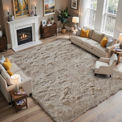 yongyangjuxin Fluffy Rug Shaggy Area Rug, Beige 10x14 Area Rugs for Bedroom, Super Soft Shaggy Rugs for Living Room Bedroom Kids Room Home Decor, Upgrade Anti-Skid Rectangular Fuzzy Rug
